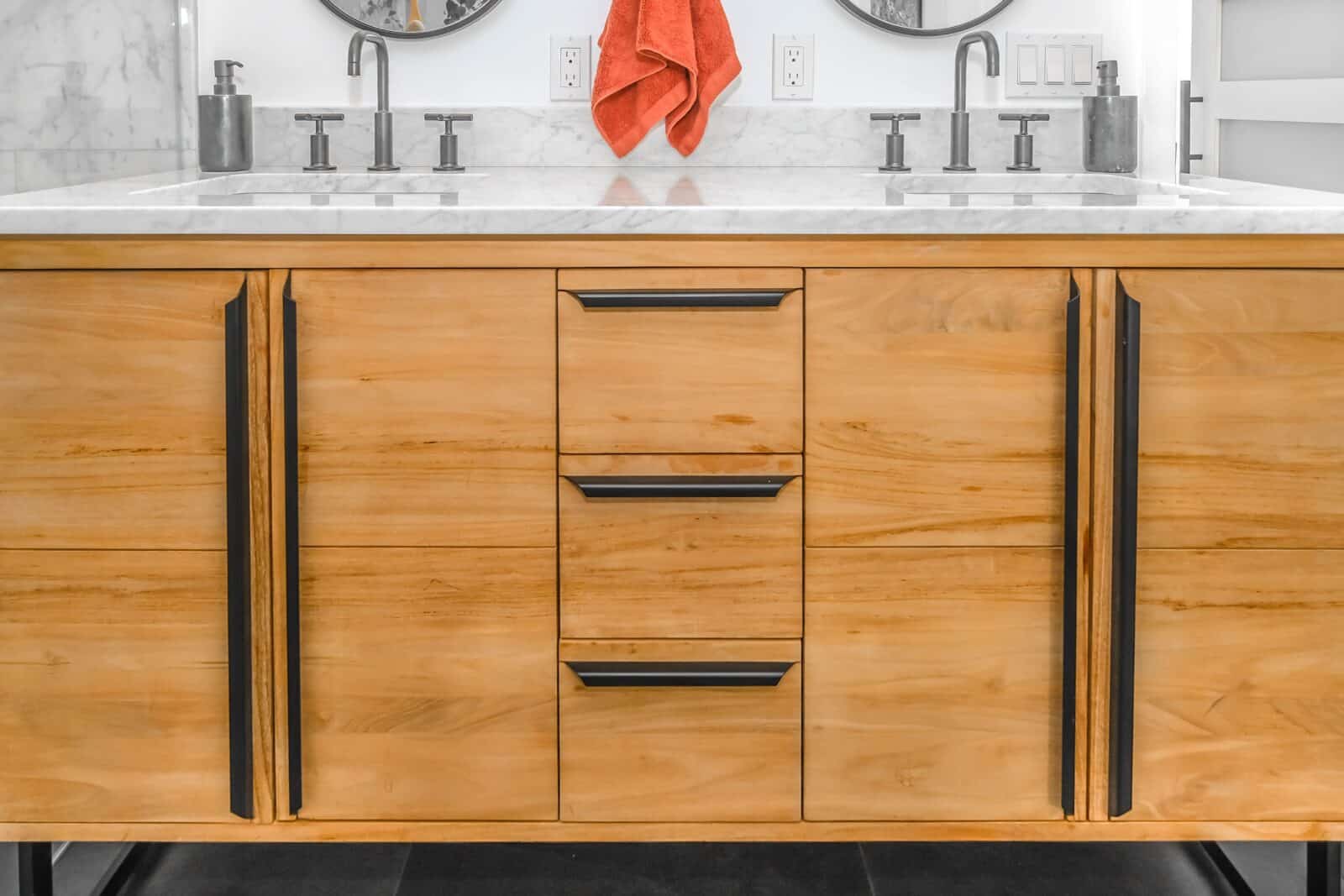 Wooden cabinets in a bathroom